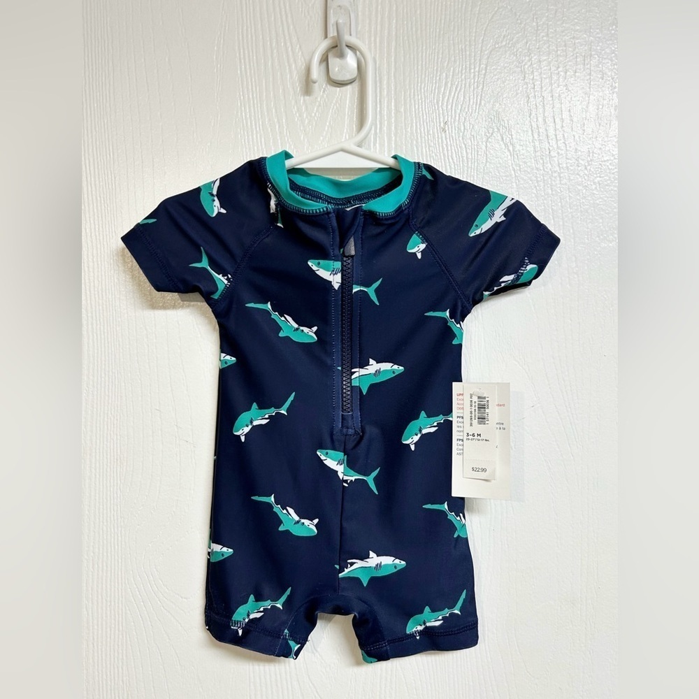Old Navy Shark Swimsuit Zip Up One Piece Sz. 3-6m Navy Turquoise NWT - Picture 5 of 6
